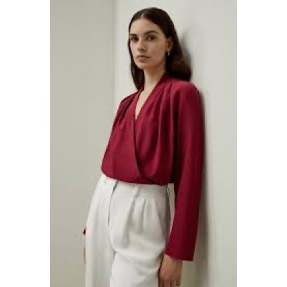 LilySilk Silk Crepe De Chine Blouse Women S Cherry Red Surplice Wrap Pleated